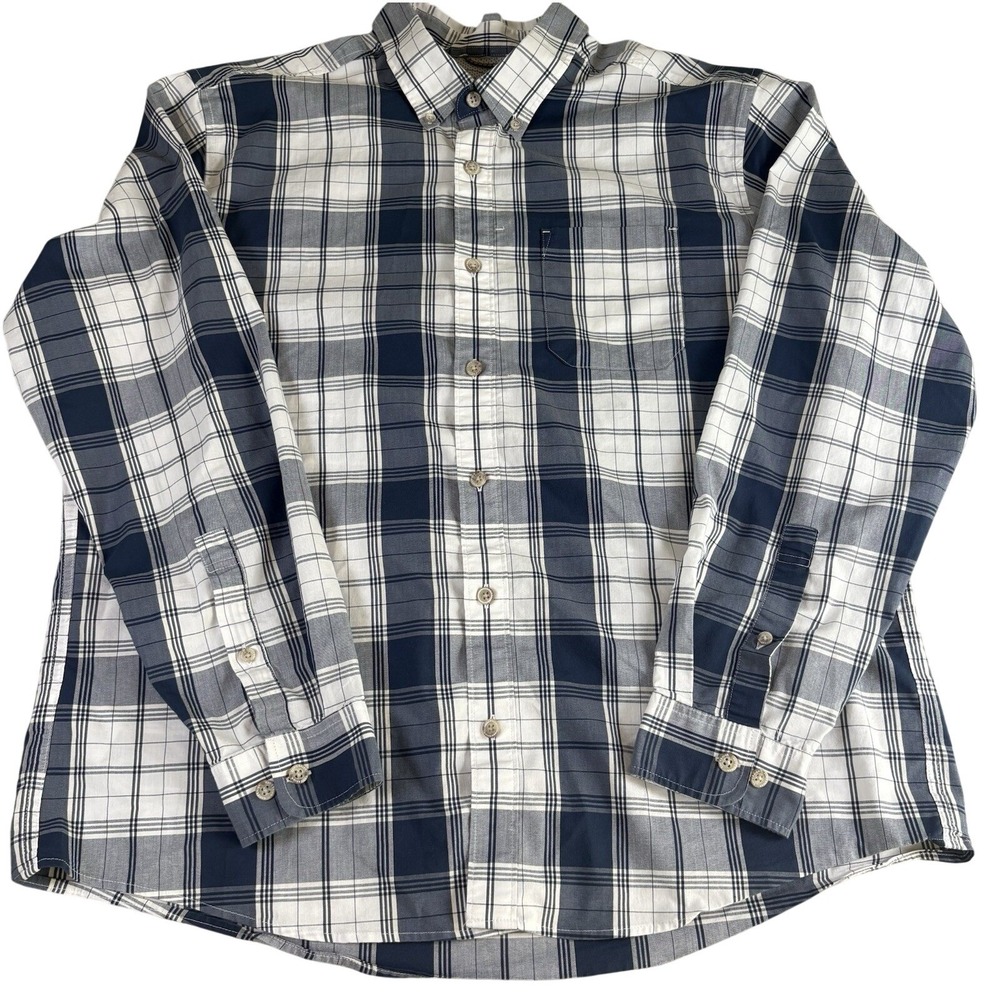 Eddie Bauer Button Down Shirt Mens XL Navy White Plaid Cotton Blend Classic Fit